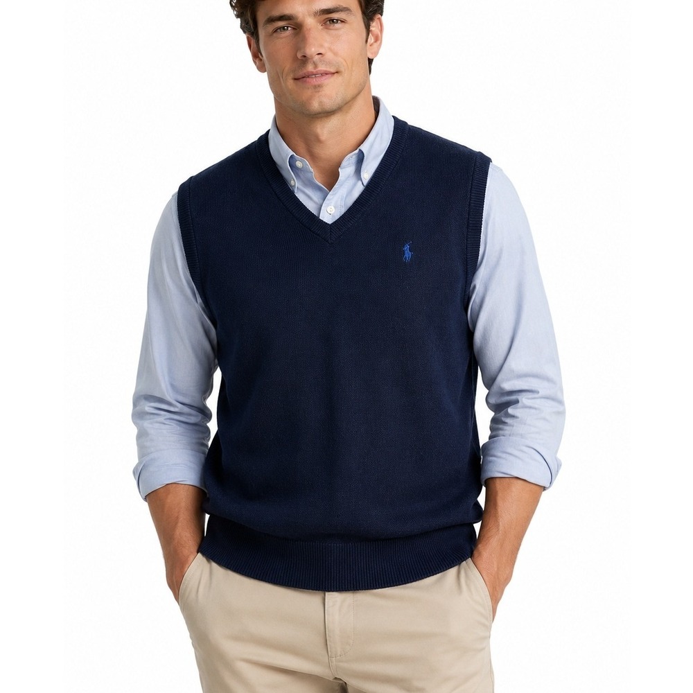 VTG Y2K Polo Golf XL Sweater Vest V-Neck Cotton Knit Pony Logo Navy Blue